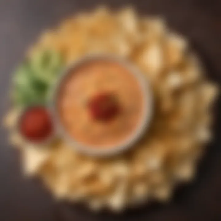A platter of tortilla chips with a bowl of Rotel cheese dip in the center