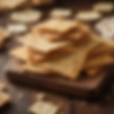 A close-up of golden-brown saltine crackers arranged on a rustic wooden board