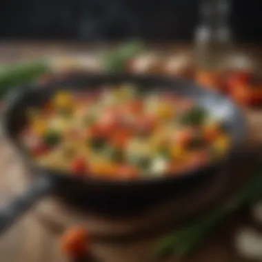 Vegetables in a Skillet An array of vegetables being combined in a skillet over heat.