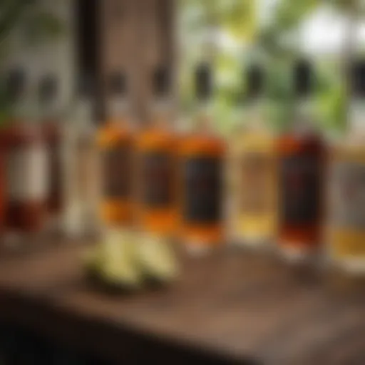 A selection of various rum bottles on a wooden table