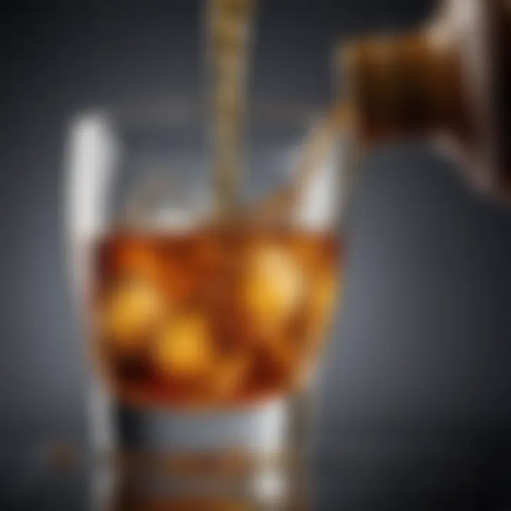 A close-up of Scotch whisky pouring into a glass