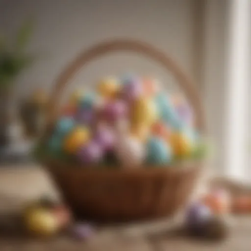 A beautifully arranged Easter gift basket filled with colorful eggs and treats