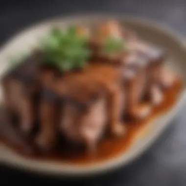 Close-up of succulent short pork ribs glazed with a rich sauce