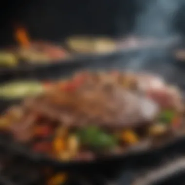 Sizzling Culinary Delights on the Crux Grill Sizzling meat and vegetables on the Crux grill