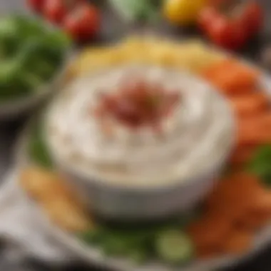 Sour Cream Bacon Dip with Fresh Vegetables A bowl of sour cream bacon dip surrounded by fresh vegetables