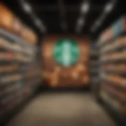 A display of Starbucks products in a grocery store aisle, showcasing the brand's integration into retail spaces.