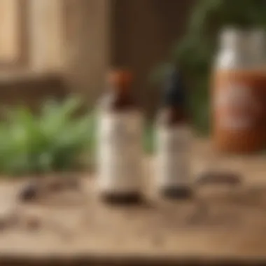 Natural Ingredients for Ant Repellents Natural ant repellent ingredients like vinegar, essential oils, and diatomaceous earth on a wooden surface.