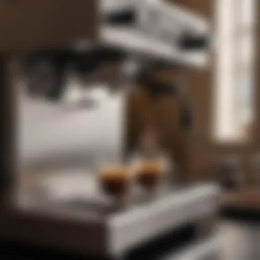 Artistry in Espresso Brewing An elegant espresso machine with a steaming cup of espresso, emphasizing the brewing process.