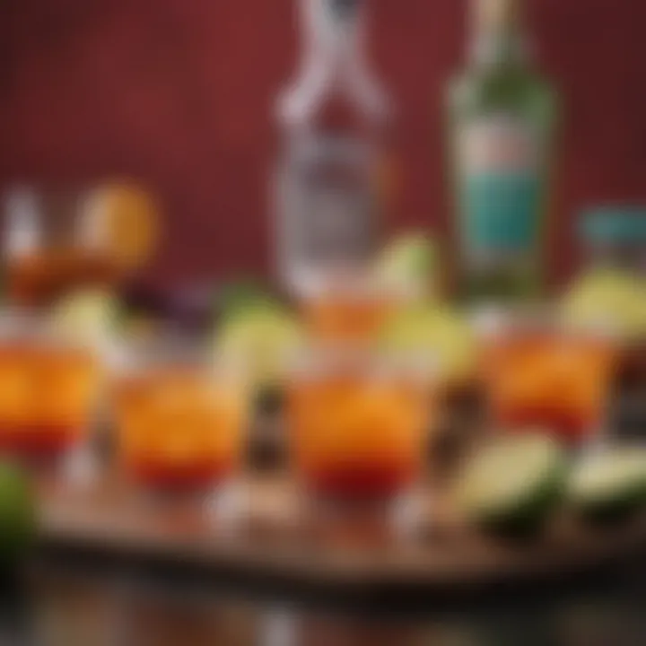 A vibrant fiesta scene with colorful tequila drinks