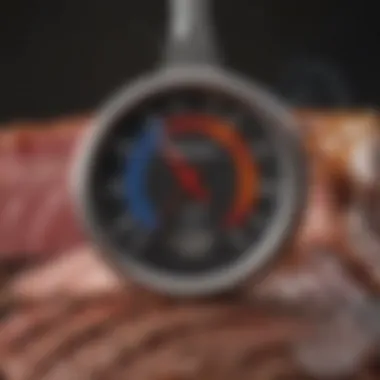 A close-up of a meat thermometer reading the perfect temperature.