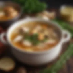 A simmering pot of rich chicken broth with aromatic herbs.