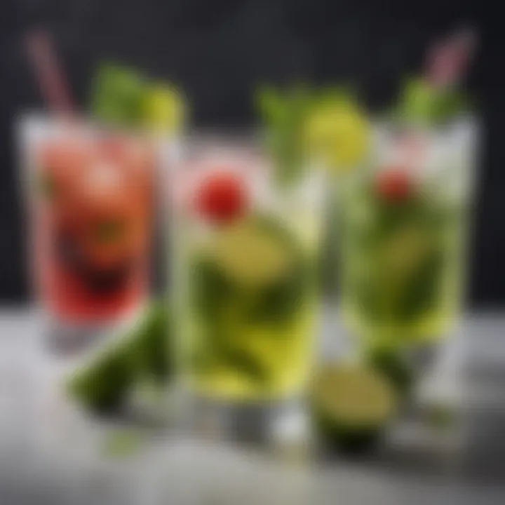 A variety of mojito variations in colorful glasses