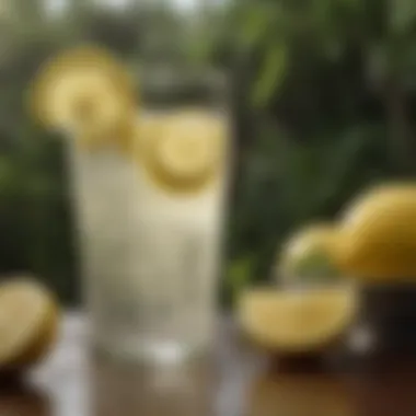 Luscious Lemonade Glass A serene outdoor setting featuring a glass of lemonade, glistening droplets of condensation.