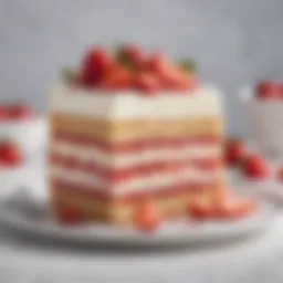 An inviting slice of Milkbar strawberry cake adorned with fresh strawberries and cream.