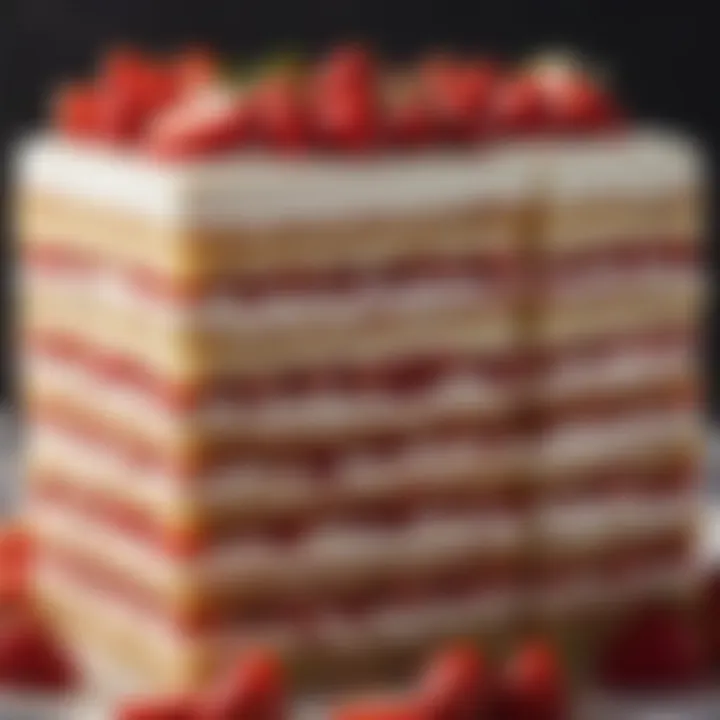 A close-up view of the layers of Milkbar strawberry cake highlighting its creamy texture and vibrant colors.