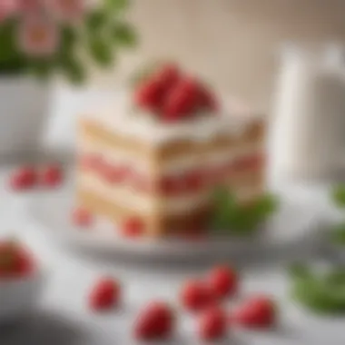 Vibrant Presentation of Milkbar Strawberry Cake A vibrant setting featuring Milkbar strawberry cake garnished with mint leaves and strawberries.