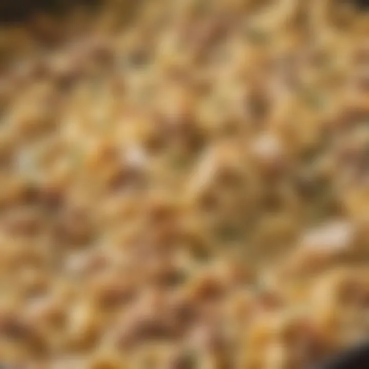 Close-up of creamy tuna noodle casserole highlighting the ingredients