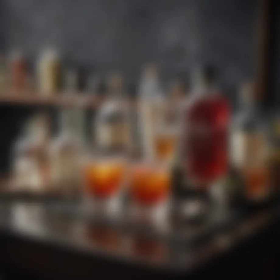 Elegant bar setup showcasing a variety of spirits and cocktail utensils