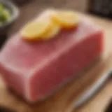A close-up view of fresh raw tuna displayed on a wooden cutting board