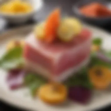 Plated Raw Tuna Dish A beautifully plated dish showcasing raw tuna with garnishes