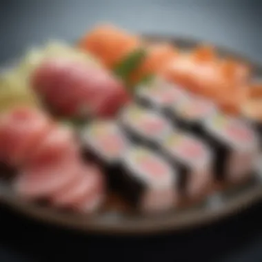 An artistic arrangement of different tuna species on a sushi platter