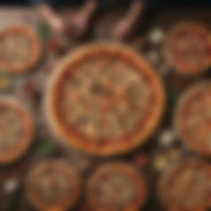 A cultural gathering around a table filled with various pizza types