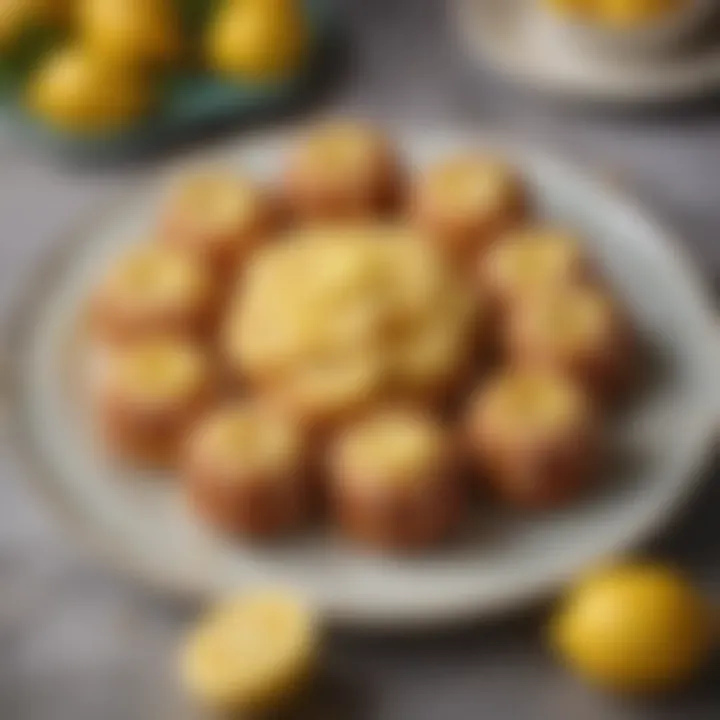 An artistic arrangement of mini lemon bundt cakes on a decorative plate with fresh lemons