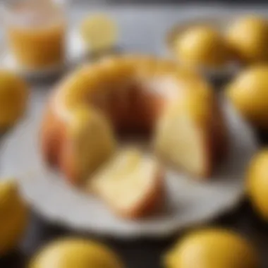 Close-up of a perfectly glazed mini lemon bundt cake with a lemon wedge