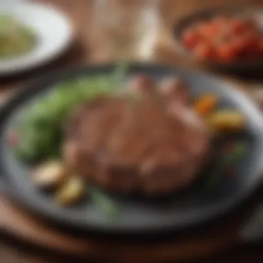 A gourmet plate featuring ribeye steak with fresh herbs and sides