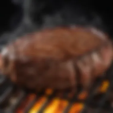 A close-up of a sizzling ribeye steak on a grill with smoke rising