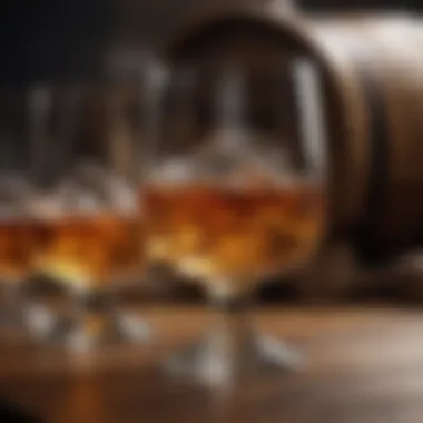 Artistic Whisky Glass Arrangement An artistic arrangement of whisky glasses with a backdrop of whisky barrels.