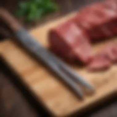 A close-up of high-quality meat shears on a wooden cutting board