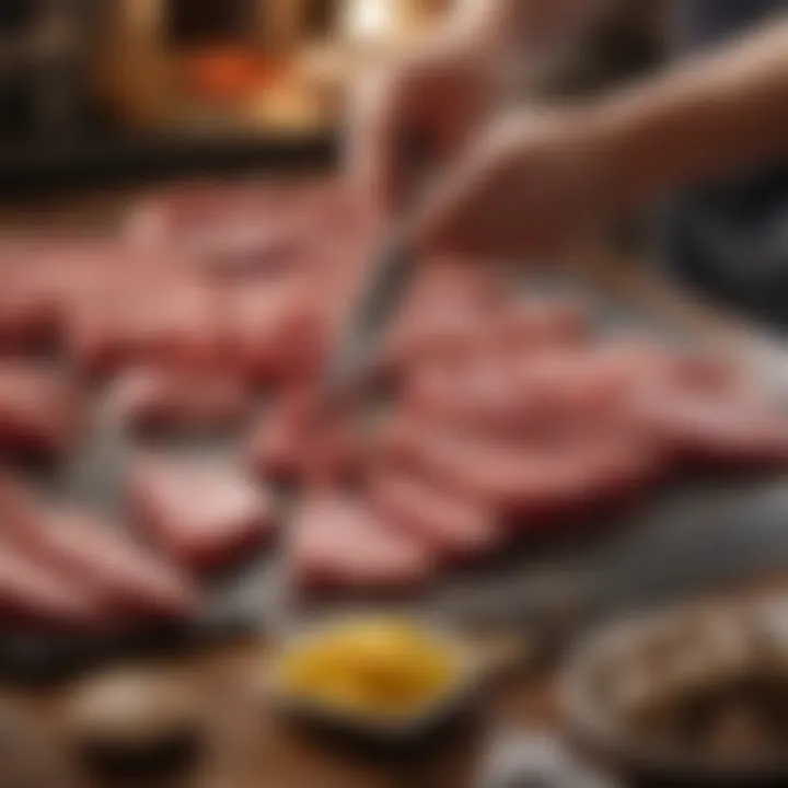 Different types of meat being cut with shears in a kitchen setting