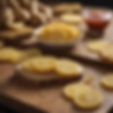 Ginger slices arranged artistically on a wooden table