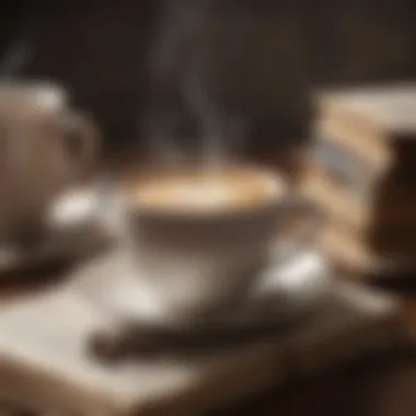 A steaming cup of coffee beside an open book