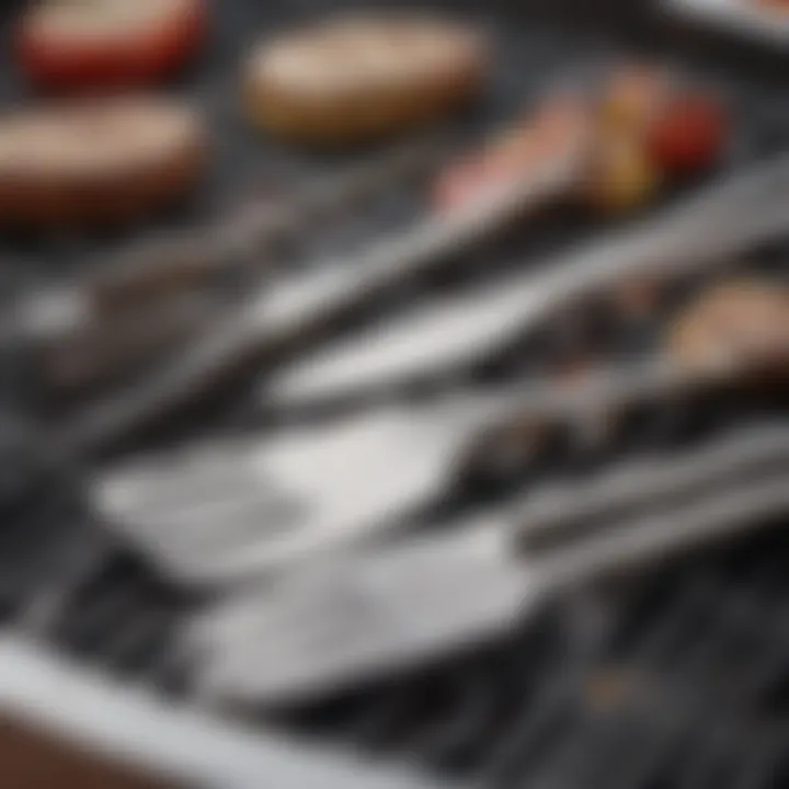 Close-up of grilling utensils made from stainless steel