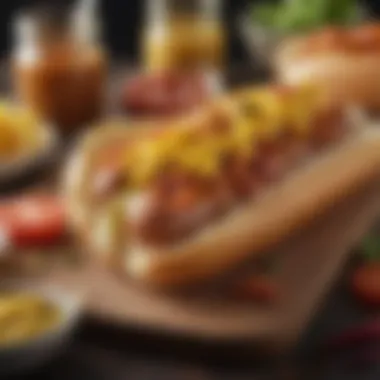Gourmet Hot Dog A gourmet hot dog adorned with relish and mustard