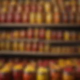 A vibrant display of various hot dog relishes in jars