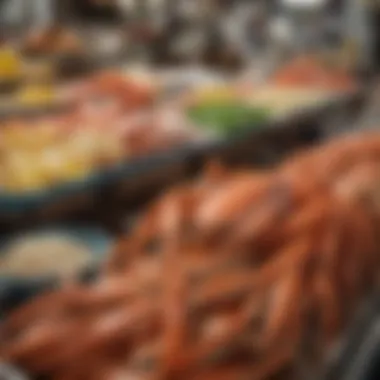 A vibrant market scene displaying fresh seafood, including crab legs