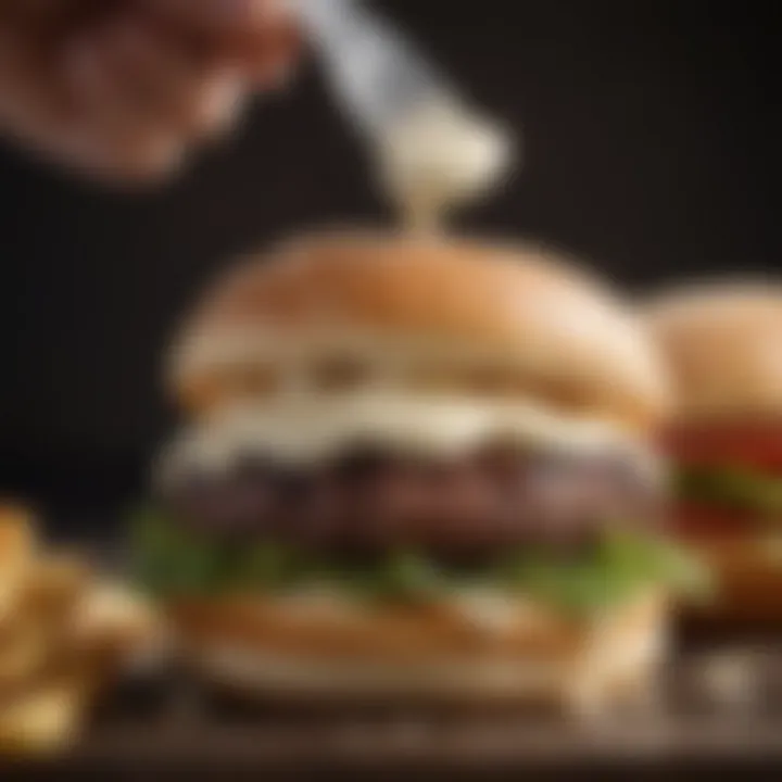 A close-up of creamy mayonnaise being spread on a freshly grilled burger.