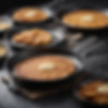 Diverse Materials for Pancake Frypans An assortment of pancake frypans made from various materials like cast iron and stainless steel