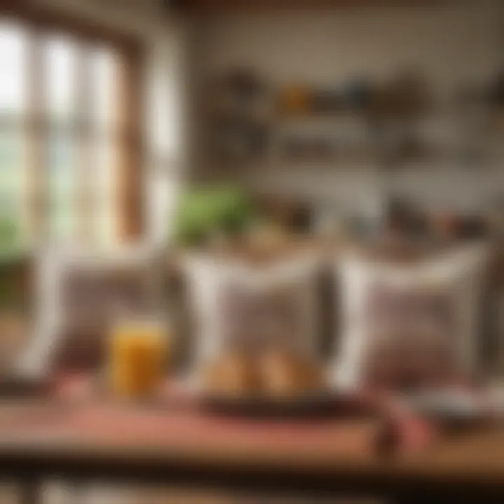 A dining table set with culinary-inspired decor and Pioneer Woman pillows in the background.