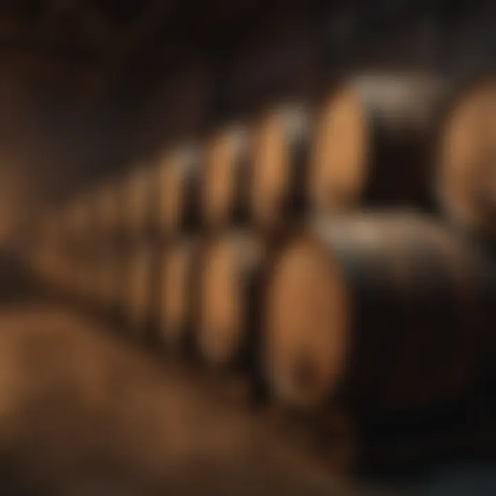 Historic barrels aging whiskey in a dimly lit warehouse