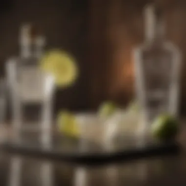 An elegant bar scene featuring various tequila brands and cocktail tools