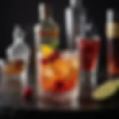 A selection of exotic spirits and ingredients arranged artistically, representing cocktail craftsmanship.