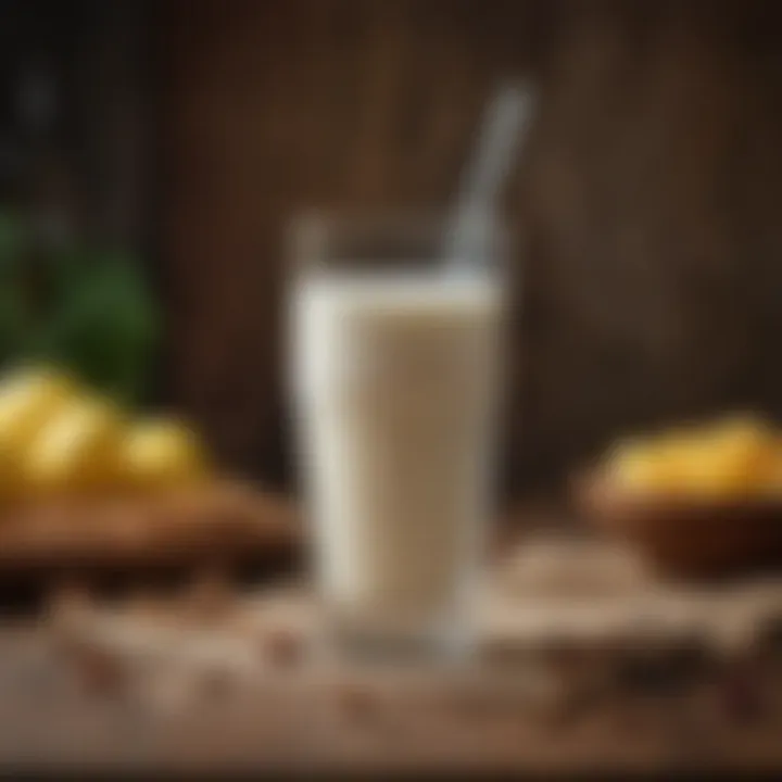 A traditional kefir drink in a rustic glass, with grains beside it.