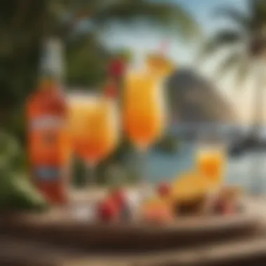 Tropical Drinks Perfect for Summer Gatherings A tropical setting with drinks garnished with fresh fruit, ideal for summer gatherings