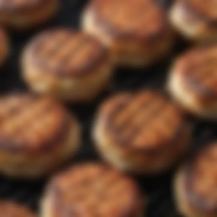 A close-up of turkey burger patties seasoned with spices on a grill