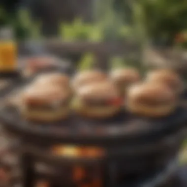 An outdoor grilling scene showcasing turkey burgers cooking on a barbecue