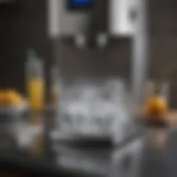 A sleek countertop ice maker producing clear ice cubes